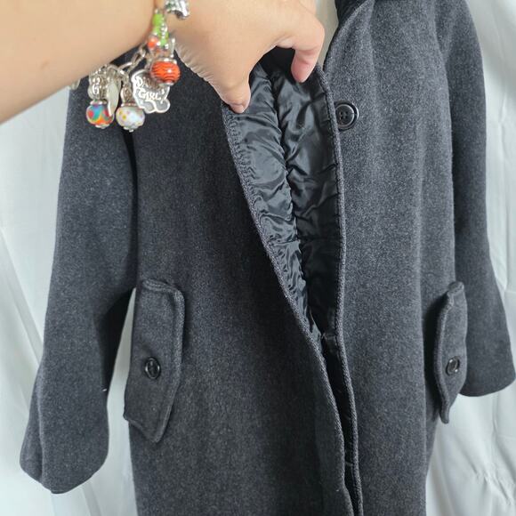 Andrea Charcoal Wool Coat Women’s 14P Hooded Velvet Trim Long Winter Jacket Vtg - Picture 9 of 12